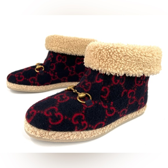 Gucci Fria Horsebit GG Logo Wool Shearling Fur Women Ankle Booties Size … - Picture 3 of 15